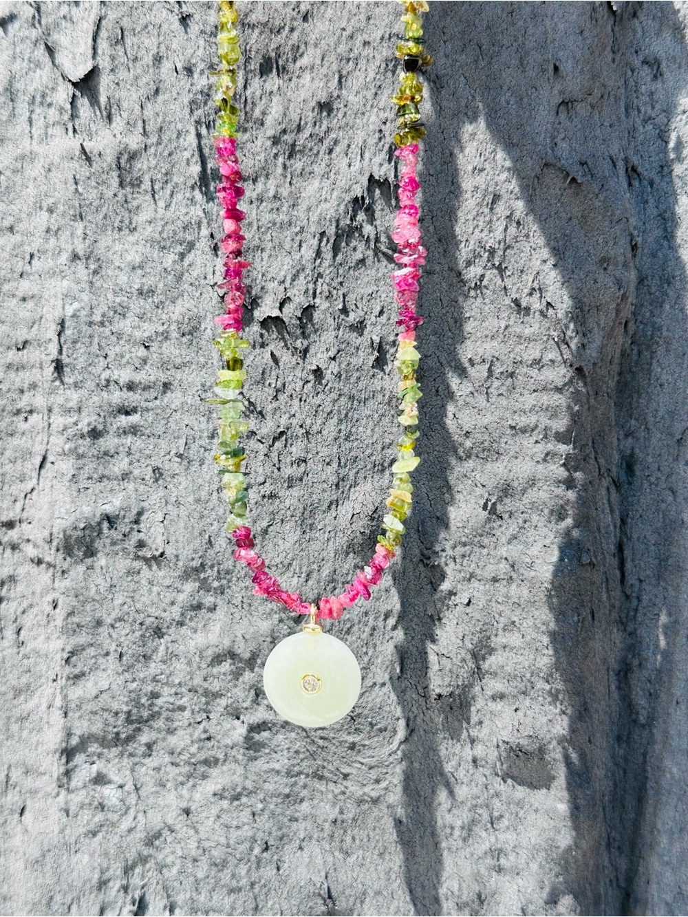 *NWT* OOAK Watermelon Tourmaline Beaded Necklace with Jade and Crystal Pendant
